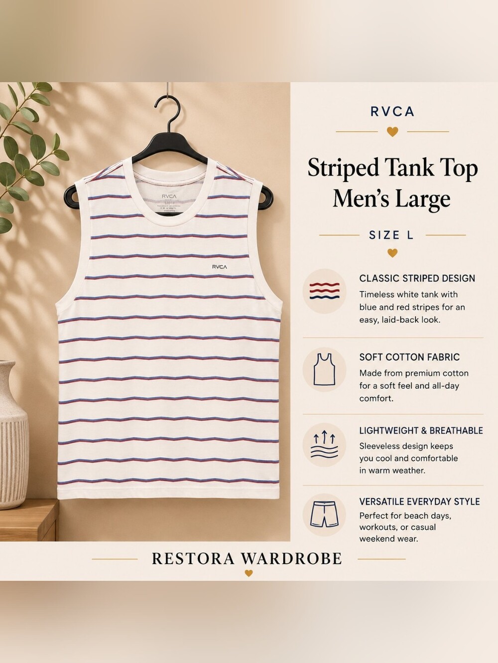 RVCA Men’s Striped Tank Top L White Blue Red Cotton ANP Skate